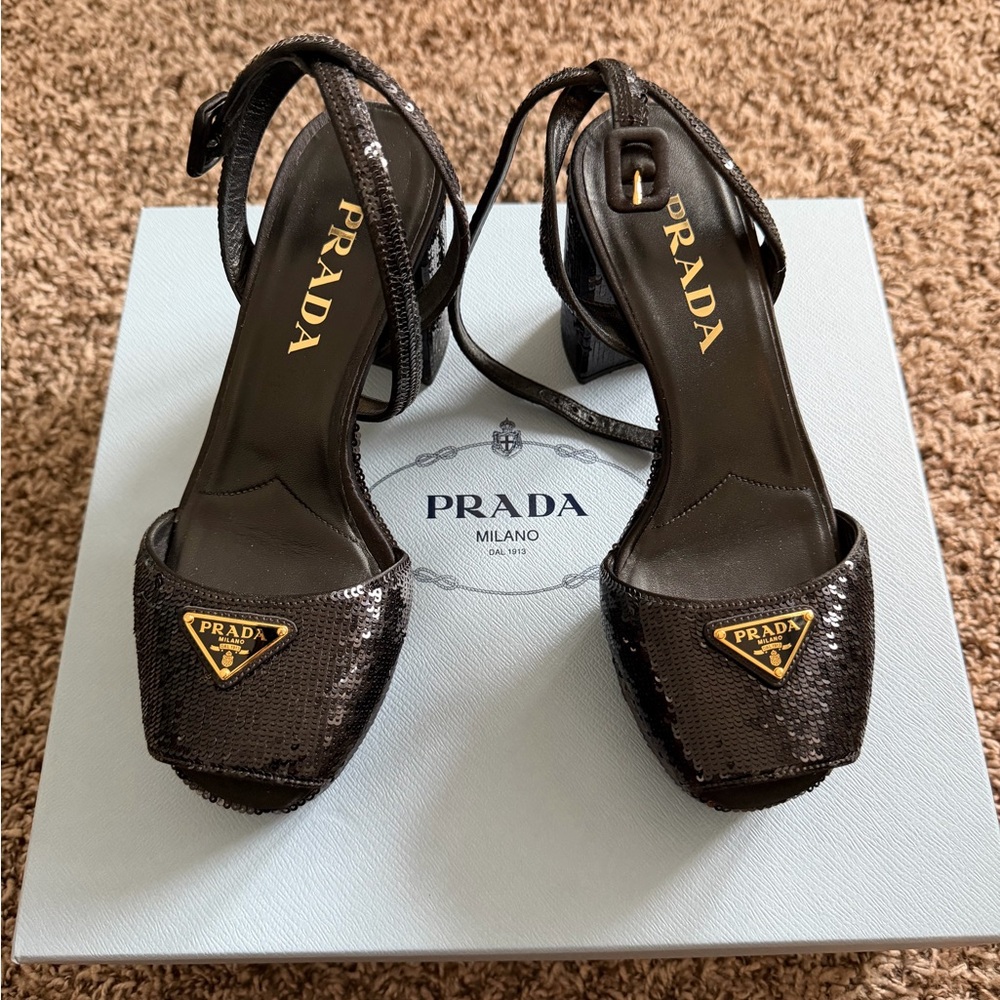 Prada Black Sequin Square-Toe Block Heel Sandals - Picture 5 of 6